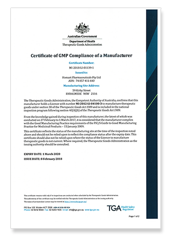 Australian GMP Certificate