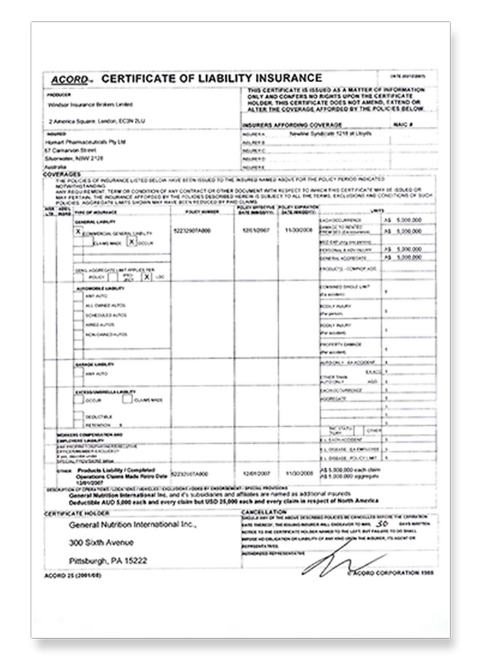 Certificate of Liability Insurance